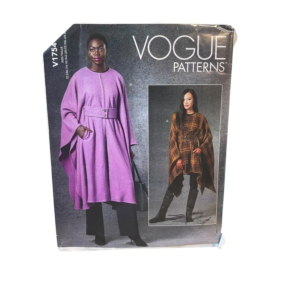 Vogue Patterns V1754 Cape Poncho Misses L-XXL 16-26 Belted Pockets Easy